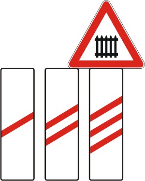  Znak    '' Priblizavanje prelazu puta preko zeleznicke pruge sa branicima ili polubranicima ''